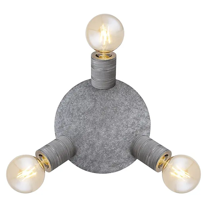 Globo Freddy Deckenstrahler - 60 W, E27, 3 Stk. - Eine trendige Dreifach-Wandleuchte mit runden Glühbirnen und einer grauen, strukturierten Basis. Ideal für modernes Wohnambiente.