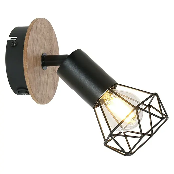 Globo Xara I Deckenstrahler - 40 W, Schwarz, E14, 1 Stk. - Nahaufnahme einer modernen Wandleuchte mit Holzdetails und schwarzem Metallkäfig um eine Edison-Glühbirne.