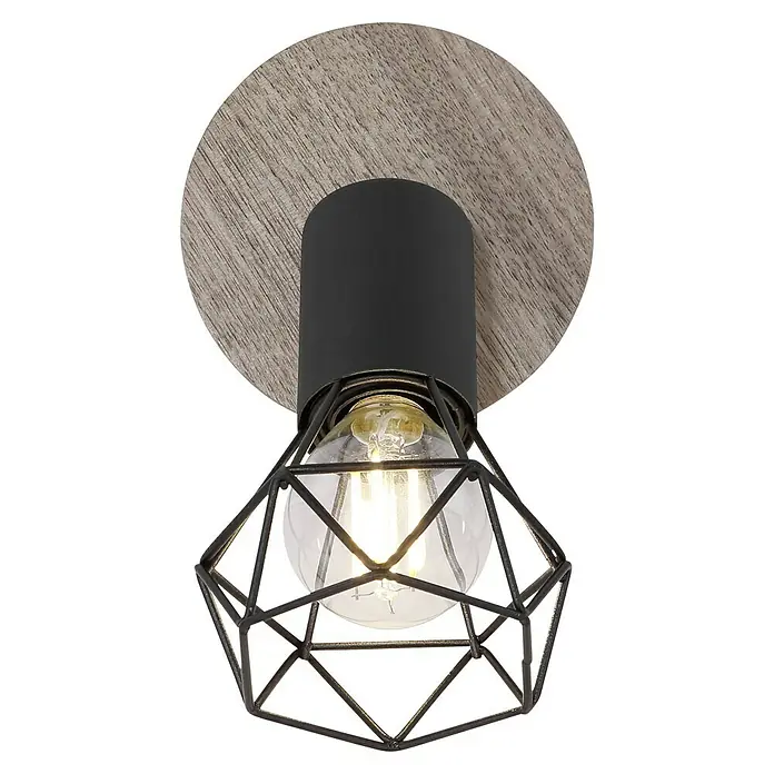 Globo Xara I Deckenstrahler - 40 W, Schwarz, E14, 1 Stk. - Nahaufnahme einer Deckenleuchte mit Edison-Glühbirne in einem geometrischen Käfig unter einer runden Holzplatte.
