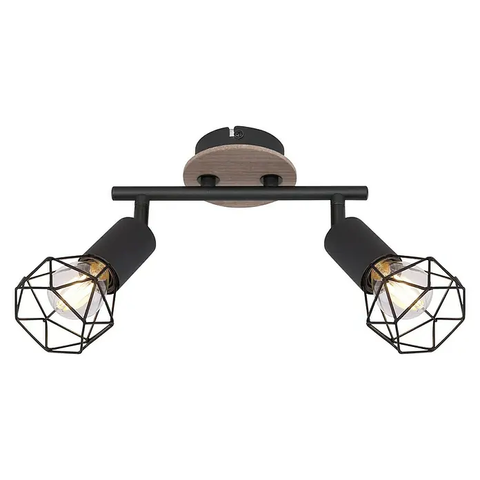Globo Xara I Deckenstrahler - 40 W, L x B x H: 22 x 10 x 18 cm, Schwarz, E14, 2 Stk. - Die Deckenleuchte mit zwei Strahlern in modernem Design mit schwarzen Käfigen und Holzelementen sorgt für stilvolle Beleuchtung.