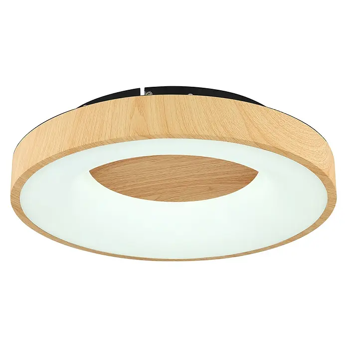 Globo LED-Deckenleuchte rund JOLLI - 30 W, Holz, Warmweiß - Elegante LED-Deckenleuchte mit Holzoptik und ringförmigem Lichtelement für moderne Innenräume.