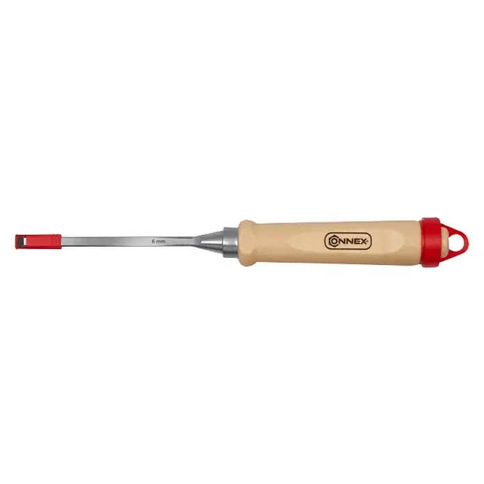 Connex Cincel - Anchura de hoja: 10 mm, Material empuñadura: Madera - La imagen muestra un formón CONNEX con mango de madera y tapa protectora roja. Esta herramienta manual es para trabajos de carpintería.