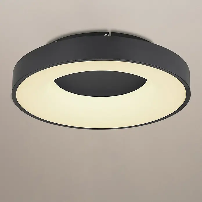Globo Plafón LED redondo Jolly - 30 W, Negro, Blanco frío - Moderna lámpara de techo gris con iluminación LED en forma de anillo para interiores elegantes.