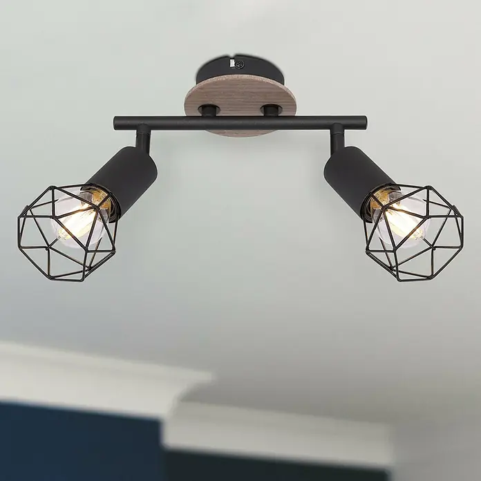 Globo Xara I Deckenstrahler - 40 W, L x B x H: 22 x 10 x 18 cm, Schwarz, E14, 2 Stk. - Die moderne Deckenleuchte mit zwei Strahlern in schwarzem Metalldesign und Holzelementen sorgt für stilvolle Beleuchtung im Raum.