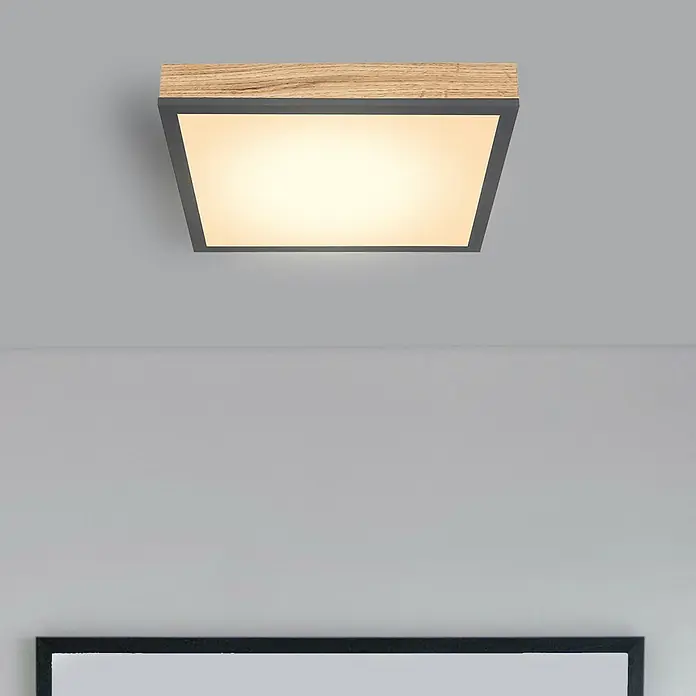 Globo Doro LED-Panel Holzoptik - 12 W, 30 x 30 cm, Holzoptik/Graphit, Warmweiß - Modern wirkende quadratische LED-Deckenleuchte mit Holzrahmen und grauem Rand für stilvolle Innenräume.