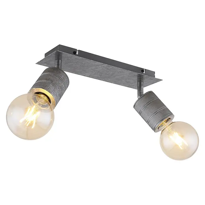 Globo Freddy Deckenstrahler - 60 W, L x B x H: 31 x 10 x 16 cm, E27, 2 Stk. - Nahaufnahme einer modernen Deckenleuchte mit zwei verstellbaren Spots und Edison-Glühbirnen auf schwarzem Hintergrund.