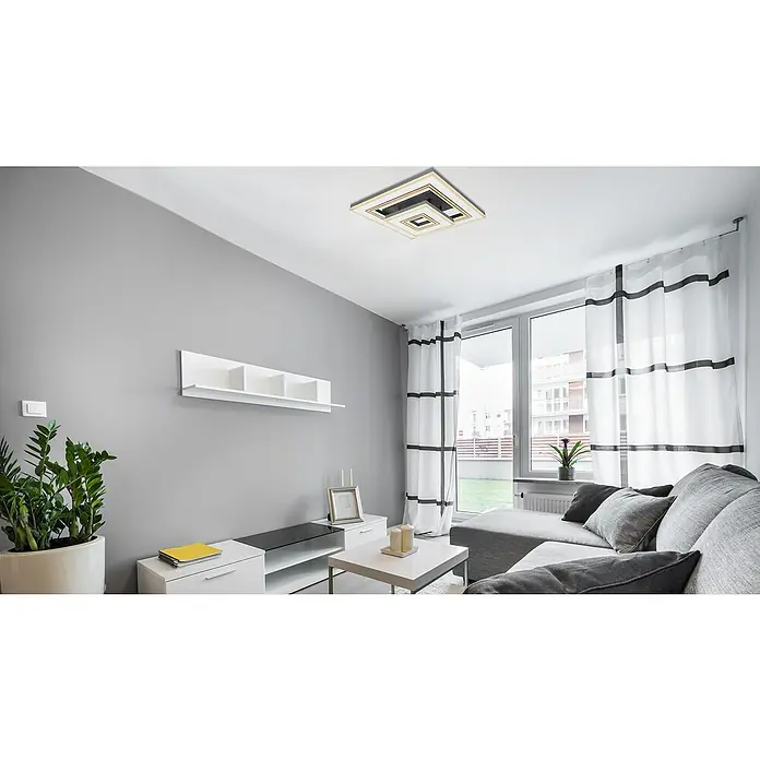 Globo LED-Deckenleuchte JACK - 56 W, L x B x H: 50 x 50 x 115 cm, Warmweiß, Quadratisch - Elegante Wohnzimmeransicht mit einem modernen, quadratischen Deckenleuchte, die den Raum aufhellt und die stilvolle Einrichtung ergänzt.