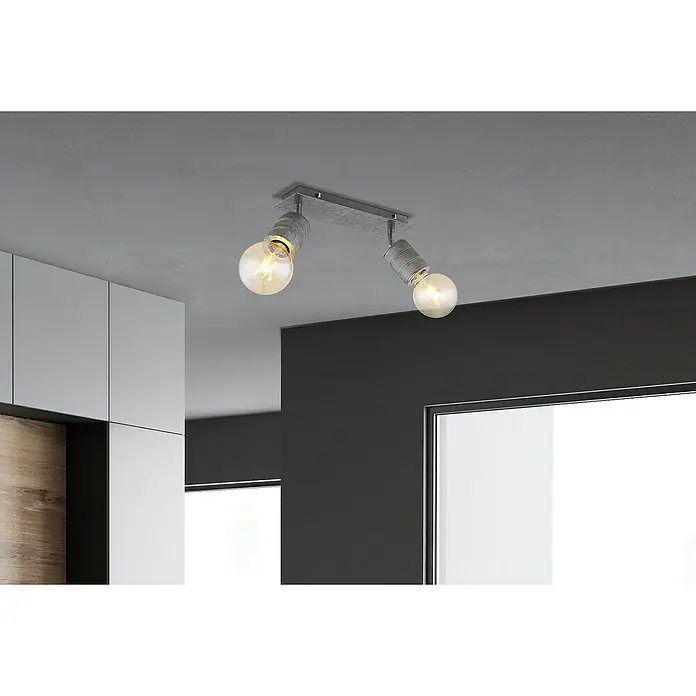 Globo Freddy Deckenstrahler - 60 W, L x B x H: 31 x 10 x 16 cm, E27, 2 Stk. - Nahaufnahme einer modernen Deckenleuchte mit zwei Strahlern und klaren Glühbirnen, die ein warmes Licht in einem stilvollen Interieur verbreiten.