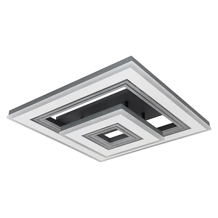 Globo LED-Deckenleuchte JACK - 56 W, L x B x H: 50 x 50 x 115 cm, Warmweiß, Quadratisch - Detailaufnahme einer quadratischen Deckenleuchte mit modernen, stufenförmigen Designelementen in Grau und Weiß.