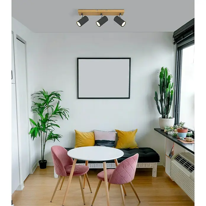 Globo Robby Deckenstrahler - 35 W, L x B x H: 41 x 60 x 120 cm, Nickel-matt, 3 Stk. - Deckenleuchte mit drei Strahlern in Schwarz und Holzoptik, die ein gemütliches Ambiente in einem hellen Raum schafft.