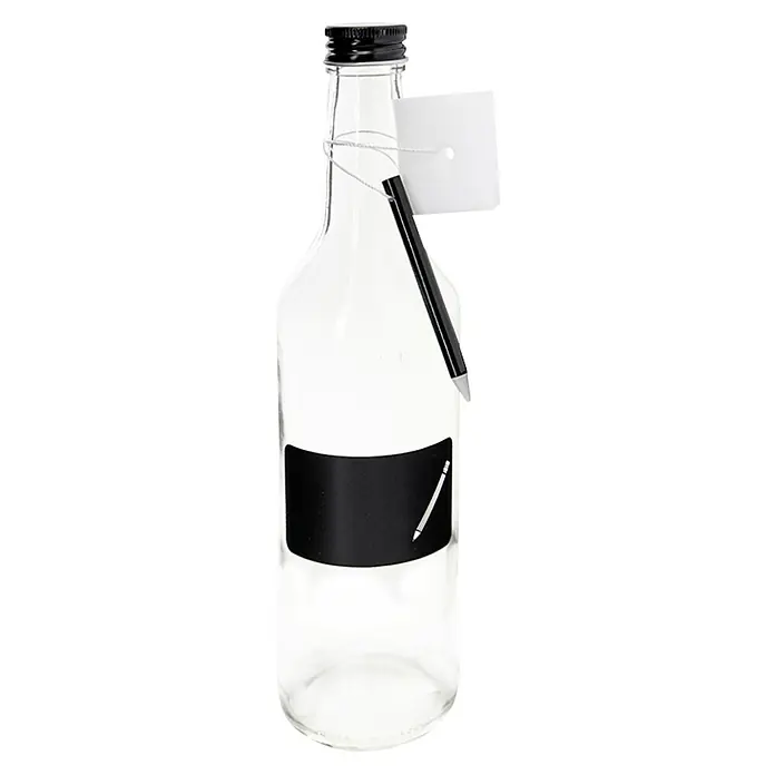 Glasflasche mit Kreidefeld - Nettovolumen: 500 ml - Klarglasflasche mit schwarzem Etikett, Stift und Anhänger. Ideal zum Beschriften und Wiederverwenden, perfekt für Getränke oder als Dekoration.