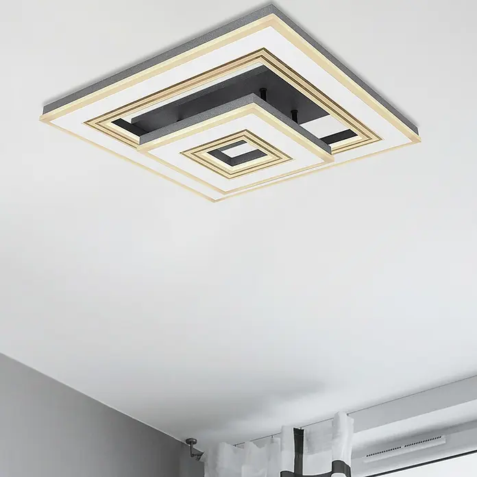 Globo LED-Deckenleuchte JACK - 56 W, L x B x H: 50 x 50 x 115 cm, Warmweiß, Quadratisch - Eine moderne LED-Deckenleuchte mit quadratischem Design in Grau, Weiß und Gold. Das Licht sorgt für eine stilvolle Beleuchtung im Raum.