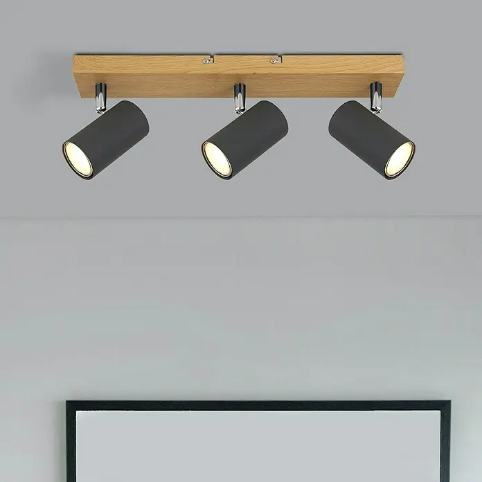 Globo Robby Deckenstrahler - 35 W, L x B x H: 41 x 60 x 120 cm, Nickel-matt, 3 Stk. - Holz-Deckenleuchte mit drei schwarzen Strahlern, die ein warmes Licht abgeben. Modernes Design für stilvolle Innenräume.
