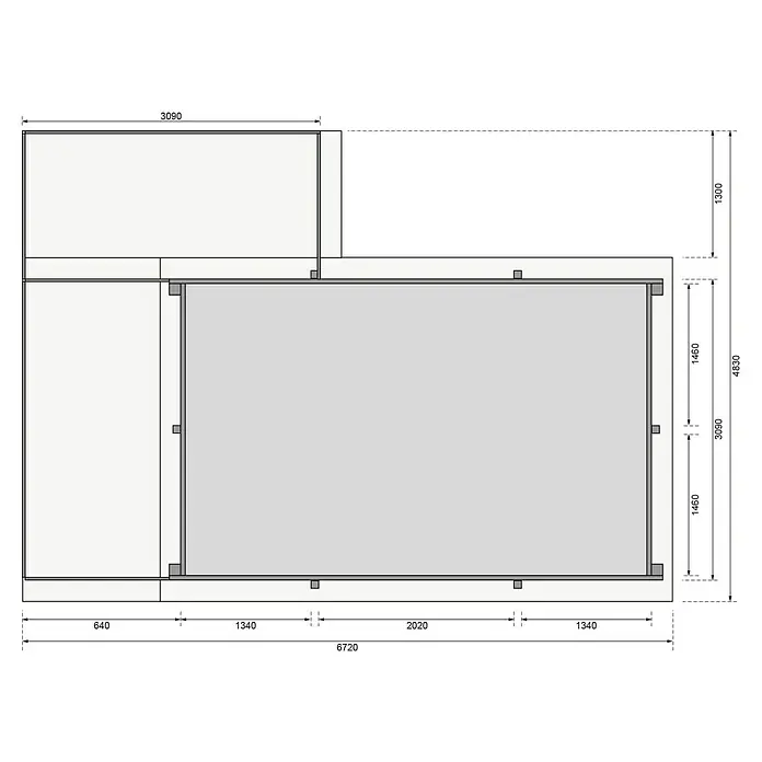 Karibu Holz-Pool Palm Beach mit Sonnenterrasse - L x B x H: 672 x 483 x 124 cm, Naturbraun, 15.500 l - Grundrisszeichnung des Gartenhauses mit den Maßen 6720 x 4830 mm, inklusive Anbau mit 3090 x 1300 mm.