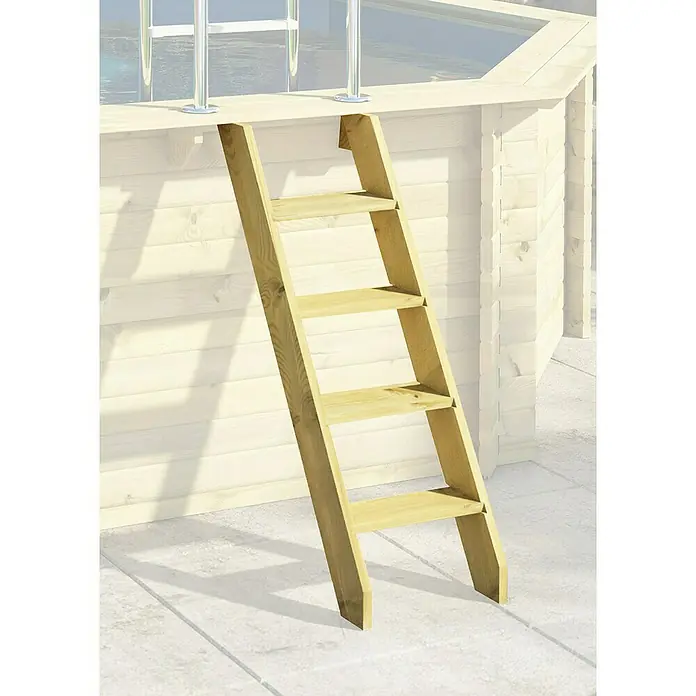 Karibu Holz-Pool Orlando Größe 1 - L x B x H: 400 x 400 x 124 cm, Naturbraun, 11.000 l, Ohne Poolterrasse - Holzpoolleiter mit vier Stufen, ideal für den einfachen Einstieg in Ihren Pool. Robuste Konstruktion für sicheren Halt.