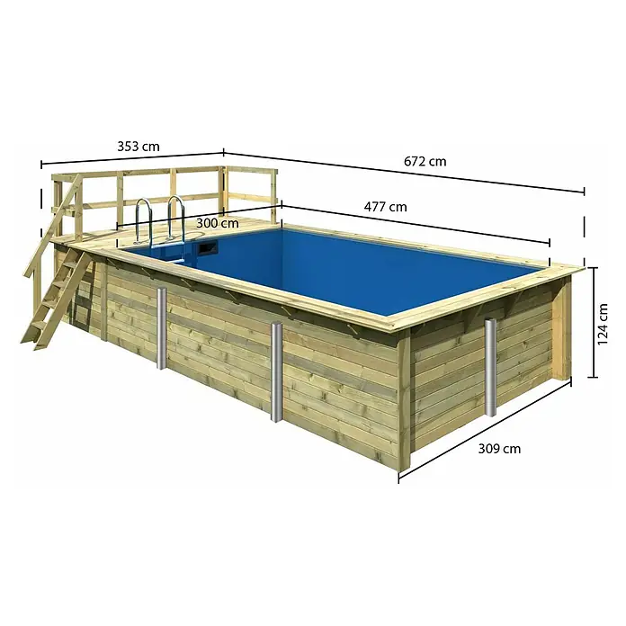 Karibu Holz-Pool Palm Beach mit Sonnenterrasse - L x B x H: 672 x 353 x 124 cm, Naturbraun, 15.500 l - Abbildung eines Holzpools mit Abmessungen. Das Schwimmbecken ist rechteckig und mit einer Holzumrandung versehen, inklusive Leiter und Geländer.