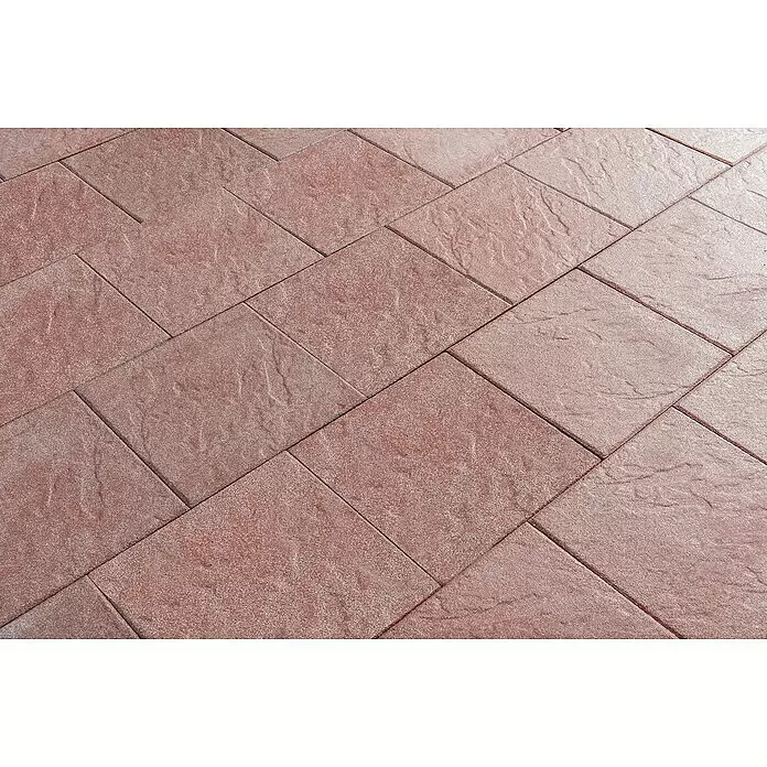 Diephaus Terrassenplatte Glandale - 40 x 40 x 4 cm, Rot, Beton - Rötlich-braune, strukturierte rechteckige Pflastersteine in versetztem Muster mit rauer Oberfläche.