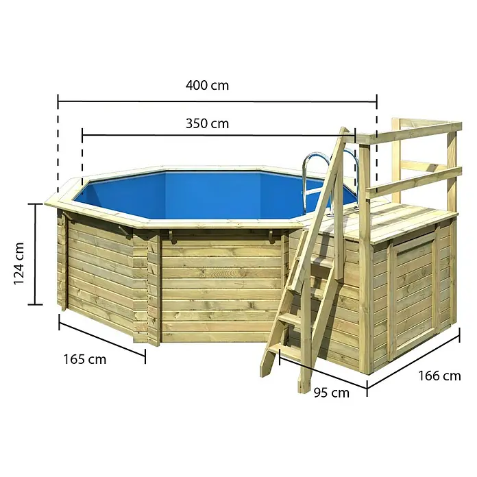 Karibu Holz-Pool Orlando Größe 1 - L x B x H: 480 x 400 x 124 cm, Naturbraun, 11.000 l, Mit Poolterrasse - Abgebildeter achteckiger Holzpool mit Leiter und integriertem Stauraum. Die Abmessungen sind deutlich dargestellt.