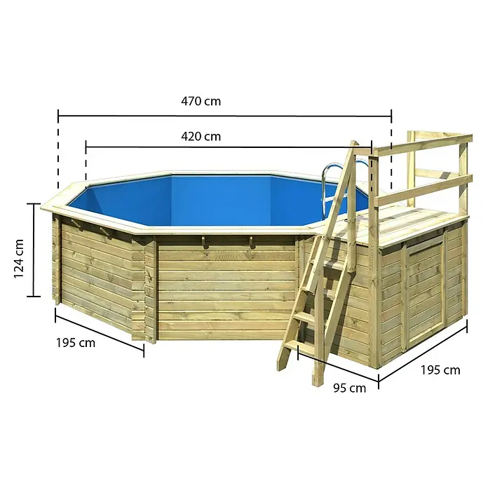 Karibu Holz-Pool Orlando Größe 2 - L x B x H: 550 x 470 x 124 cm, Naturbraun, 16.000 l, Mit Poolterrasse - Abbildung eines achteckigen Holzpools mit Leiter und den Abmessungen 470 cm x 420 cm x 124 cm.