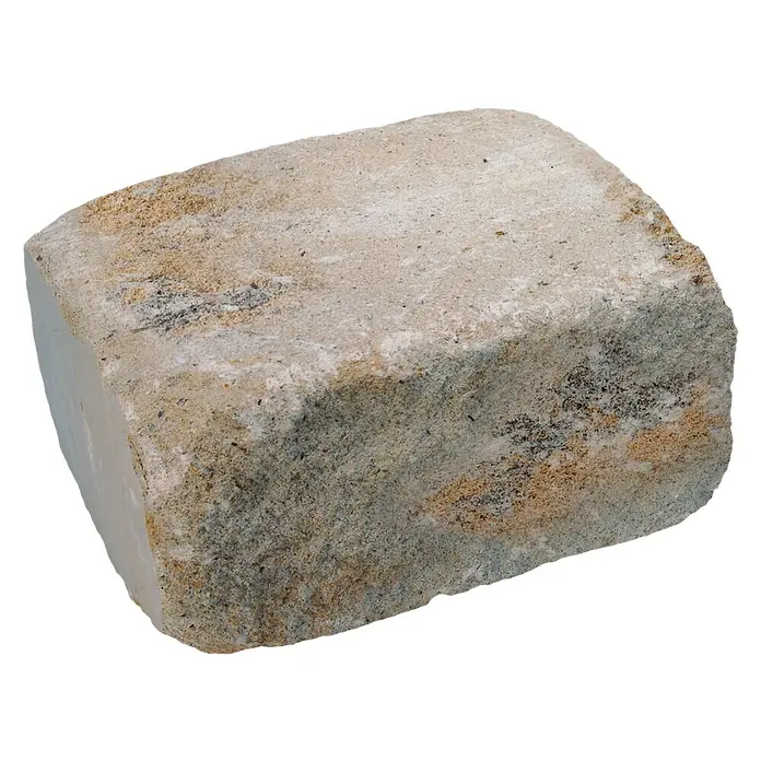 Diephaus Stamford Mauerstein Major - 25 x 25 x 15 cm, Muschelkalk, Beton, Halbstein - Nahaufnahme eines rechteckigen Pflastersteins in Beige- und Grautönen, ideal für Garten- und Landschaftsgestaltung.