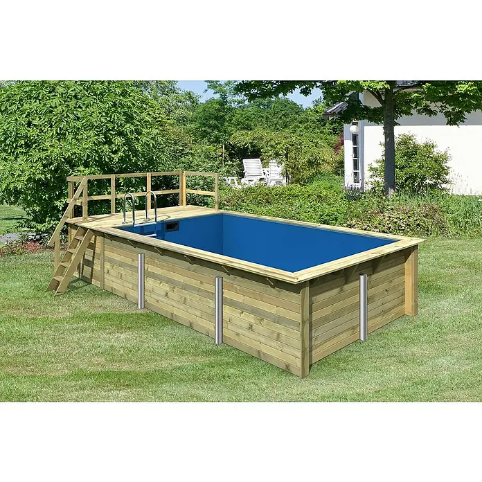 Karibu Holz-Pool Palm Beach mit Sonnenterrasse - L x B x H: 672 x 353 x 124 cm, Naturbraun, 15.500 l - Dieser Pool ist ein Holzpool mit einer Leiter und einem Geländer für einen einfachen und sicheren Zugang. Er ist ideal für den Garten.