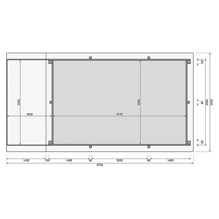 Karibu Holz-Pool Palm Beach mit Sonnenterrasse - L x B x H: 672 x 353 x 124 cm, Naturbraun, 15.500 l - Abmessungen und Details der Blockbohlen-Konstruktion mit einer Länge von 6720 mm und einer Breite von 3530 mm.