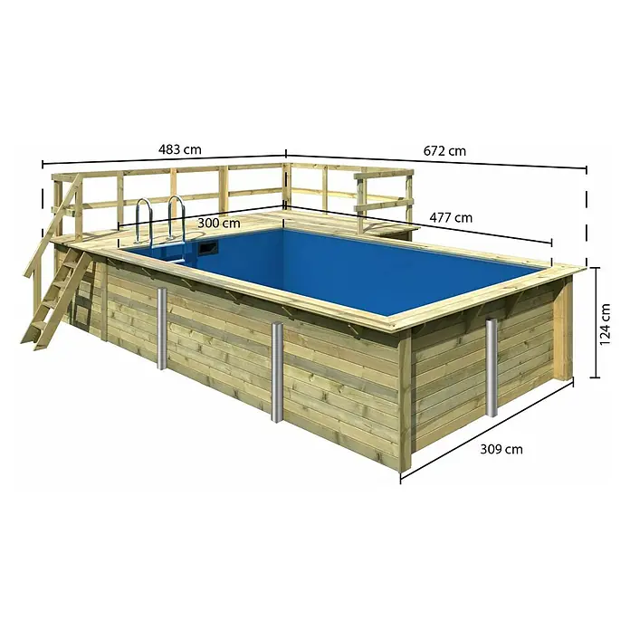 Karibu Holz-Pool Palm Beach mit Sonnenterrasse - L x B x H: 672 x 483 x 124 cm, Naturbraun, 15.500 l - Ansicht eines rechteckigen Aufstellpools aus Holz mit Leiter und Geländer, umgeben von den zugehörigen Maßangaben.