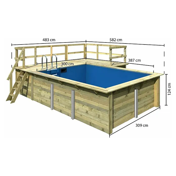 Karibu Holz-Pool Palm Beach mit Sonnenterrasse - L x B x H: 582 x 483 x 124 cm, Naturbraun, 12.700 l - Produktansicht eines Holzpools mit den Maßen 483 x 582 x 300 cm und einer Höhe von 124 cm. Inklusive Leiter und Holzumrandung.