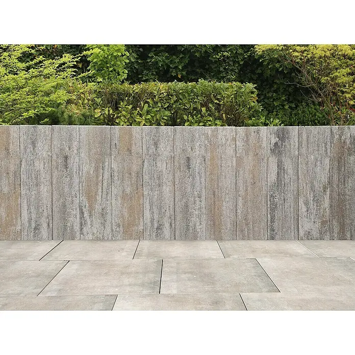 Diephaus Palisade / Mauerstein Laredo Meso - 80 x 12,5 x 12,5 cm, Muschelkalk, Beton - Bild einer grauen Steinmauer mit grüner Bepflanzung und hellgrauen Bodenplatten. Die Mauer und die Platten sind die Hauptprodukte im Bild.