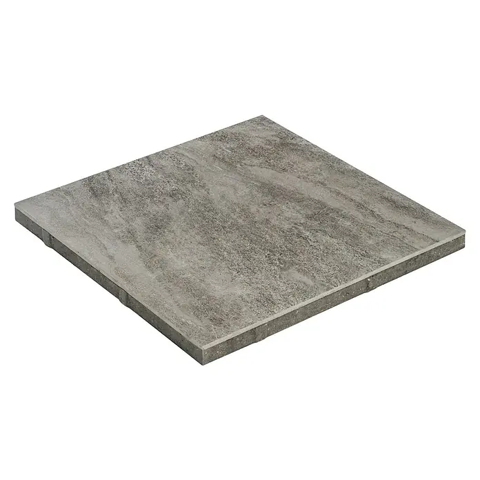 Diephaus Terrassenfliese Columbia - 60 x 60 x 4 cm, Quarzit, Beton - Nahaufnahme einer quadratischen Bodenfliese in Grautönen mit strukturierter Oberfläche. Ideal für moderne Innen- und Außenbereiche.