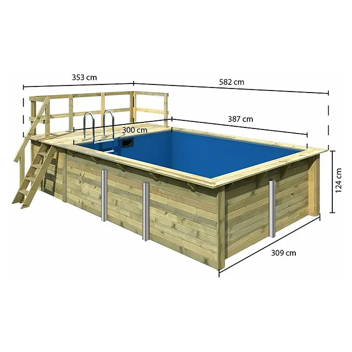 Karibu Holz-Pool Palm Beach mit Sonnenterrasse - L x B x H: 582 x 353 x 124 cm, Naturbraun, 12.700 l - Das Bild zeigt einen Pool mit Holzverkleidung und einer Treppe mit Geländer. Die Maße des Pools sind angegeben.