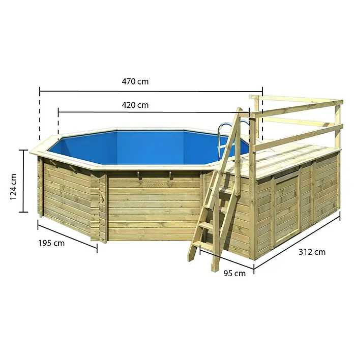 Karibu Holz-Pool Orlando Größe 2 - L x B x H: 550 x 470 x 124 cm, Naturbraun, 16.000 l, Mit Sonnendeck M - Abgebildeter Holzpool mit den Maßen 470 cm Länge und 124 cm Höhe für den Garten.
