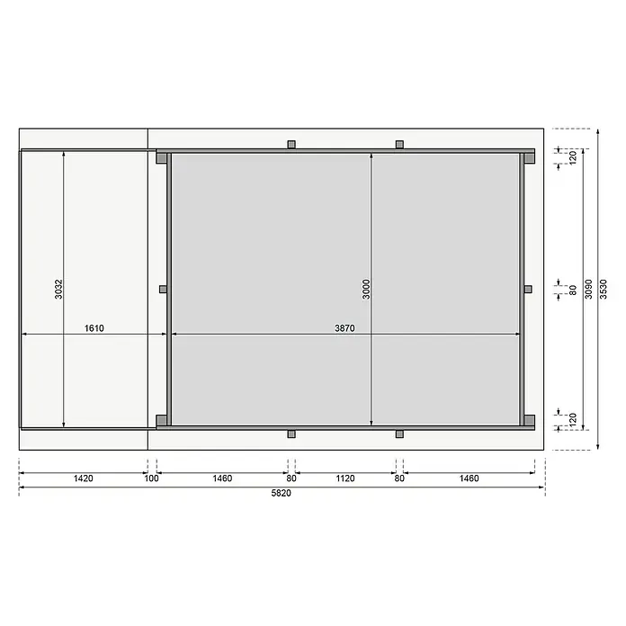 Karibu Holz-Pool Palm Beach mit Sonnenterrasse - L x B x H: 582 x 353 x 124 cm, Naturbraun, 12.700 l - Detaillierte Zeichnung eines Gartenhauses mit genauen Maßangaben für Planung und Aufbau.