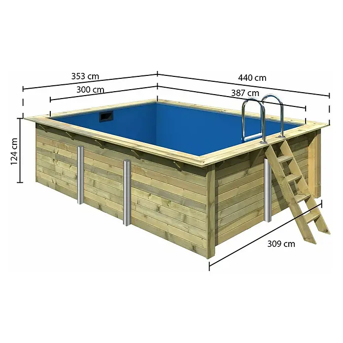 Karibu Holz-Pool Palm Beach - L x B x H: 440 x 353 x 124 cm, Naturbraun, 12.700 l - Abbildung eines rechteckigen Holzpools mit Leiter und den Maßen 440 x 353 x 124 cm.