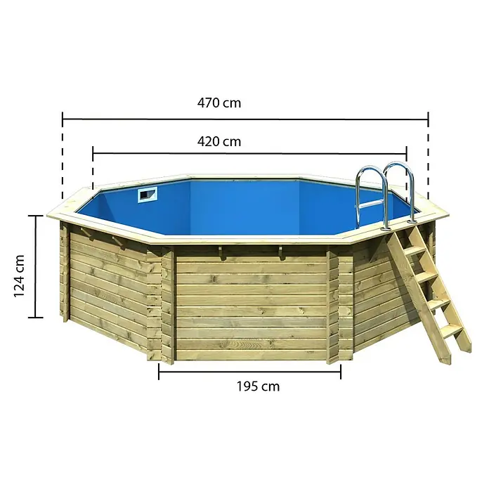 Karibu Holz-Pool Orlando Größe 2 - L x B x H: 470 x 470 x 124 cm, Naturbraun, 16.000 l, Ohne Poolterrasse - Das Bild zeigt einen achteckigen Holzpool mit Leiter. Die Maße sind angegeben.
