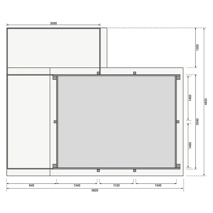 Karibu Holz-Pool Palm Beach mit Sonnenterrasse - L x B x H: 582 x 483 x 124 cm, Naturbraun, 12.700 l - Grundriss eines Gartenhauses mit Anbau, Maße in Millimetern. Gesamtbreite 5820 mm, Tiefe 4830 mm und Anbau 3090 x 1300 mm.