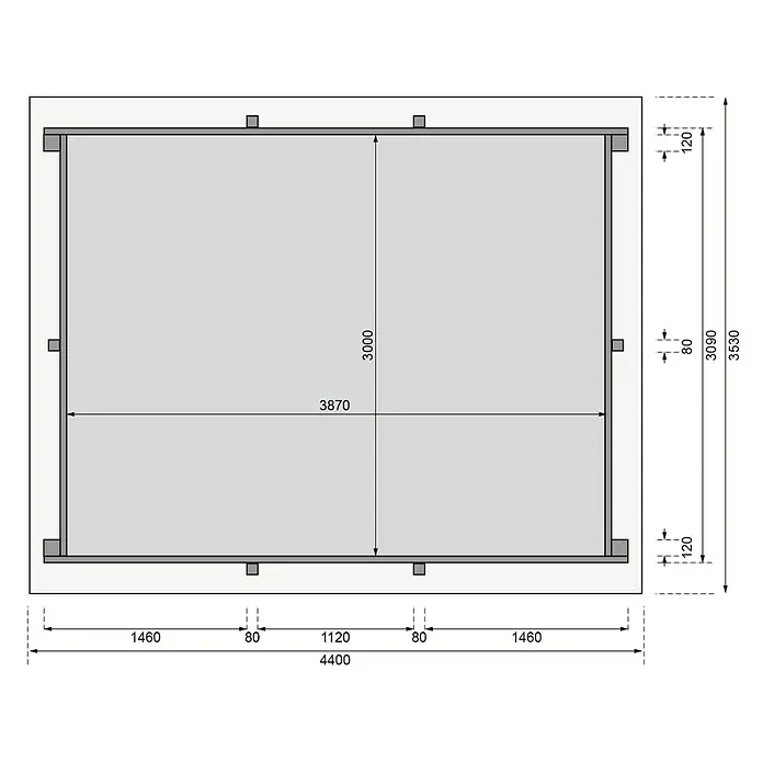 Karibu Holz-Pool Palm Beach - L x B x H: 440 x 353 x 124 cm, Naturbraun, 12.700 l - Draufsicht des Produkts mit Maßangaben zu Länge, Breite und Höhe des Produkts für detaillierte Informationen.