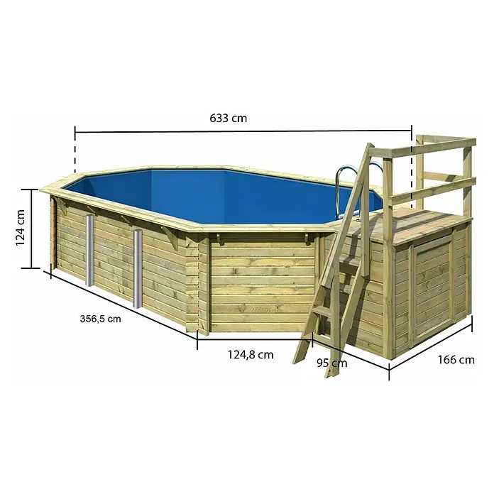 Karibu Holz-Pool Orlando Größe 4 - L x B x H: 691,5 x 400 x 124 cm, Naturbraun, 19.000 l, Mit Poolterrasse - Abbildung eines sechseckigen Holzpools mit den zugehörigen Maßangaben. Die Höhe beträgt 124 cm und die Länge 633 cm.