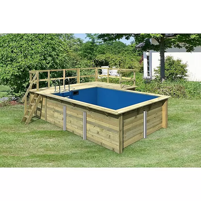 Karibu Holz-Pool Palm Beach mit Sonnenterrasse - L x B x H: 582 x 483 x 124 cm, Naturbraun, 12.700 l - Hölzernes Aufstellschwimmbecken mit Deck und Leiter im Garten.