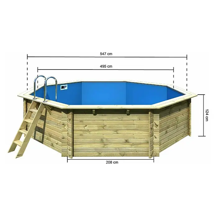 Karibu Holz-Pool Orlando Größe 3 - L x B x H: 547 x 547 x 124 cm, Braun, 21.000 l - Abgebildeter Holzpool in achteckiger Form, inklusive Leiter für einfachen Zugang. Der Pool hat eine Höhe von 124 cm, ideal für Familienspaß.