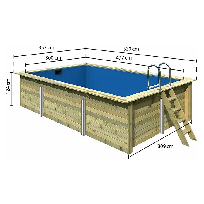 Karibu Holz-Pool Palm Beach - L x B x H: 530 x 353 x 124 cm, Naturbraun, 15.500 l - Abbildung eines rechteckigen Holzpools mit den Maßen 353 x 530 cm und einer Höhe von 124 cm. Inklusive Leiter für einfachen Zugang.