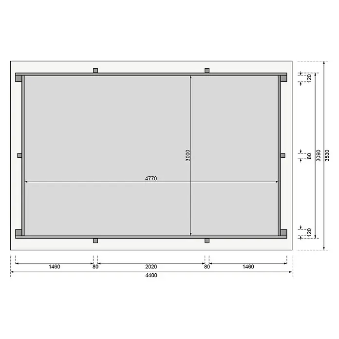 Karibu Holz-Pool Palm Beach - L x B x H: 530 x 353 x 124 cm, Naturbraun, 15.500 l - Grundriss eines Holzhauses mit Maßangaben zu Länge (4400 mm), Breite (3530 mm) und Raumaufteilung.