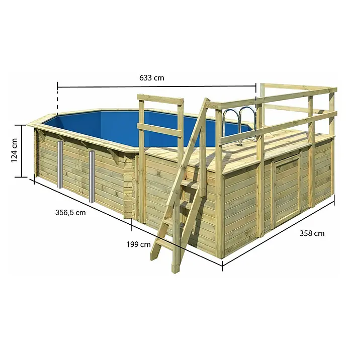 Karibu Holz-Pool Orlando Größe 4 - L x B x H: 691,5 x 400 x 124 cm, Naturbraun, 19.000 l, Mit 2 x Sonnendeck M - Abbildung eines Holzpools mit den Maßen 633 cm x 356,5 cm x 358 cm und einer Höhe von 124 cm.
