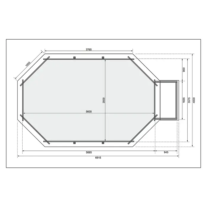 Karibu Holz-Pool Orlando Größe 4 - L x B x H: 691,5 x 400 x 124 cm, Naturbraun, 19.000 l, Mit Poolterrasse - Grundriss eines Gartenhauses mit Maßangaben für Wände, Dach und Anbau, dargestellt in technischer Zeichnung.