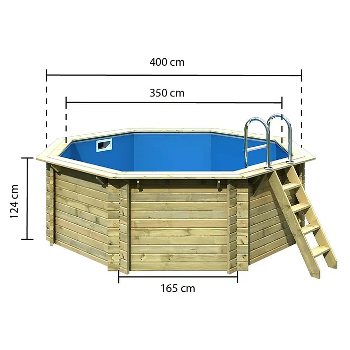 Karibu Holz-Pool Orlando Größe 1 - L x B x H: 400 x 400 x 124 cm, Naturbraun, 11.000 l, Ohne Poolterrasse - Holzpool mit Leiter und Beschriftungen der Maße. Der Pool hat eine achteckige Form und eine blaue Innenauskleidung.
