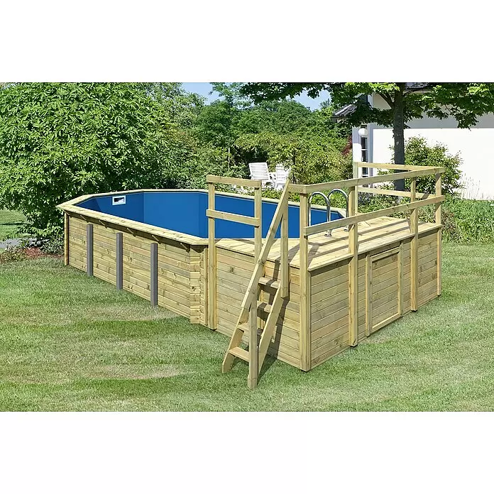 Karibu Holz-Pool Orlando Größe 4 - L x B x H: 691,5 x 400 x 124 cm, Naturbraun, 19.000 l, Mit 2 x Sonnendeck M - Oberirdischer Holzpool mit blauer Folie, integrierter Holzterrasse und Leiter.