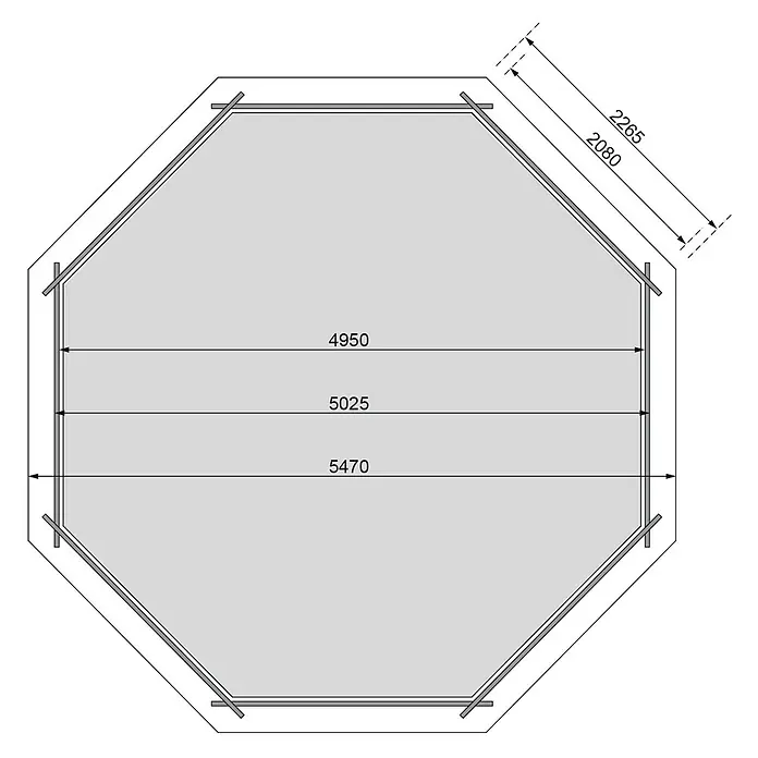 Karibu Holz-Pool Orlando Größe 3 - L x B x H: 547 x 547 x 124 cm, Braun, 21.000 l - Grundriss eines achteckigen Holzhauses mit Maßangaben.