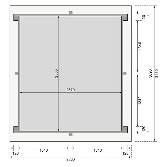 Karibu Holz-Pool Palm Beach - L x B x H: 320 x 353 x 124 cm, Naturbraun, 8.800 l - Detaillierter Bauplan eines quadratischen Gartenhauses mit genauen Maßangaben für Wände, Dach und Fundament.