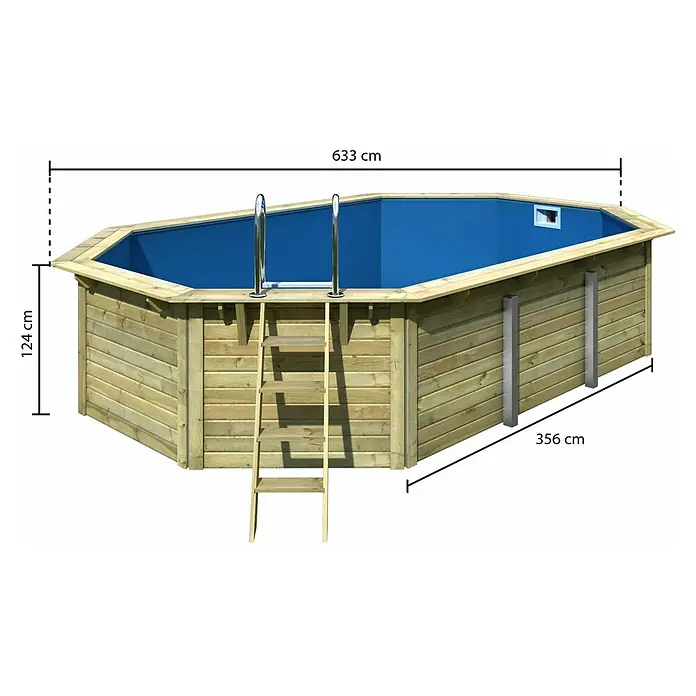 Karibu Holz-Pool Miami - L x B x H: 568,5 x 357,5 x 124 cm, Braun/Blau, 19.150 l - Abbildung eines Holzpools mit Leiter und den Maßen 633 cm x 356 cm x 124 cm.