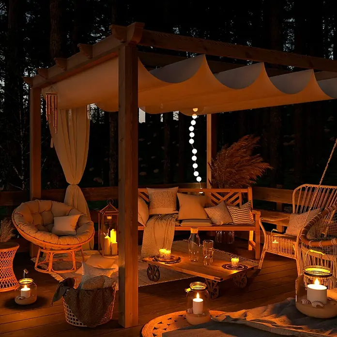 Pérgola con toldo corredero Classic - L x An: 300 x 300 cm - Patio acogedor con pérgola, iluminación suave y mobiliario confortable. Las cálidas velas crean un ambiente relajante al aire libre.